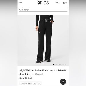 FIGS High Waisted Isabel Wide Leg Scrub Pants -Black